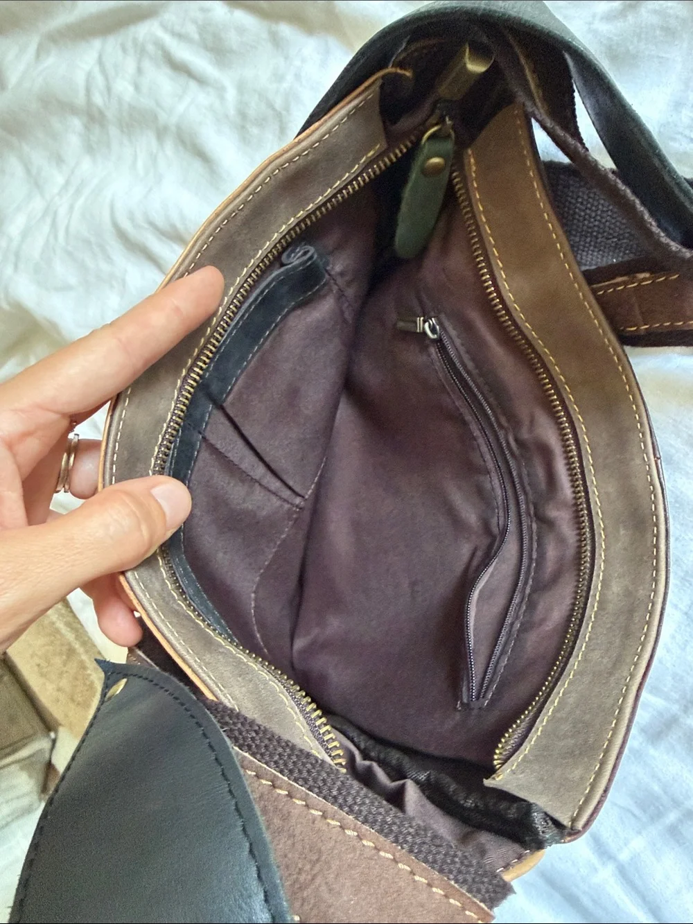 Tan and Black Leather Messenger Bag with Adjustable Strap from Argentina